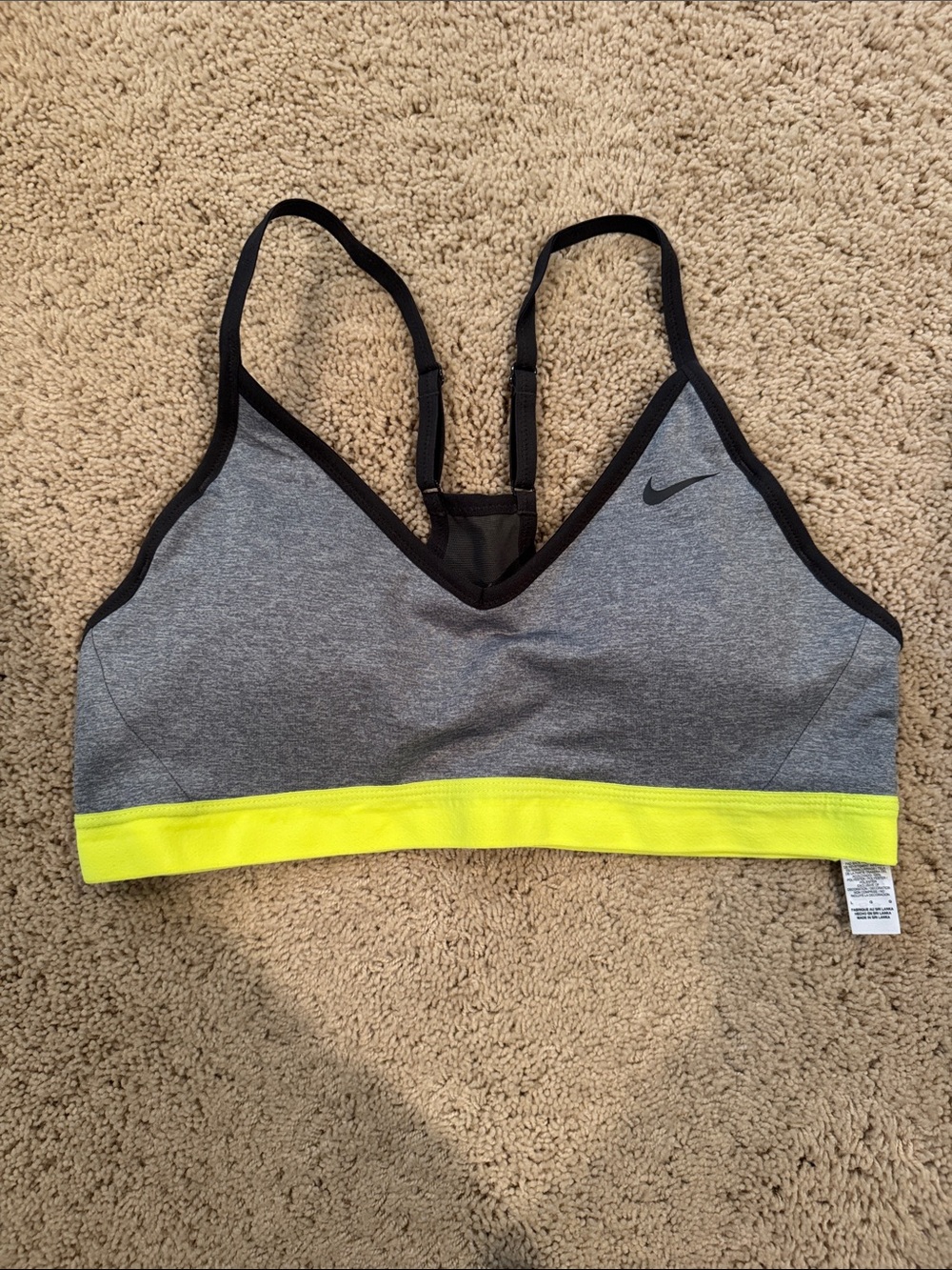 Nike Pro Gray Sports Bra with Neon Yellow Band